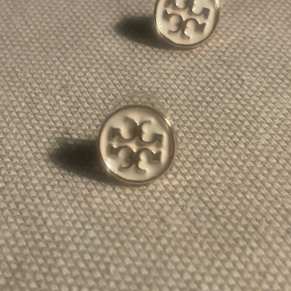 Tory Burch Cream and Gold Logo Earrings